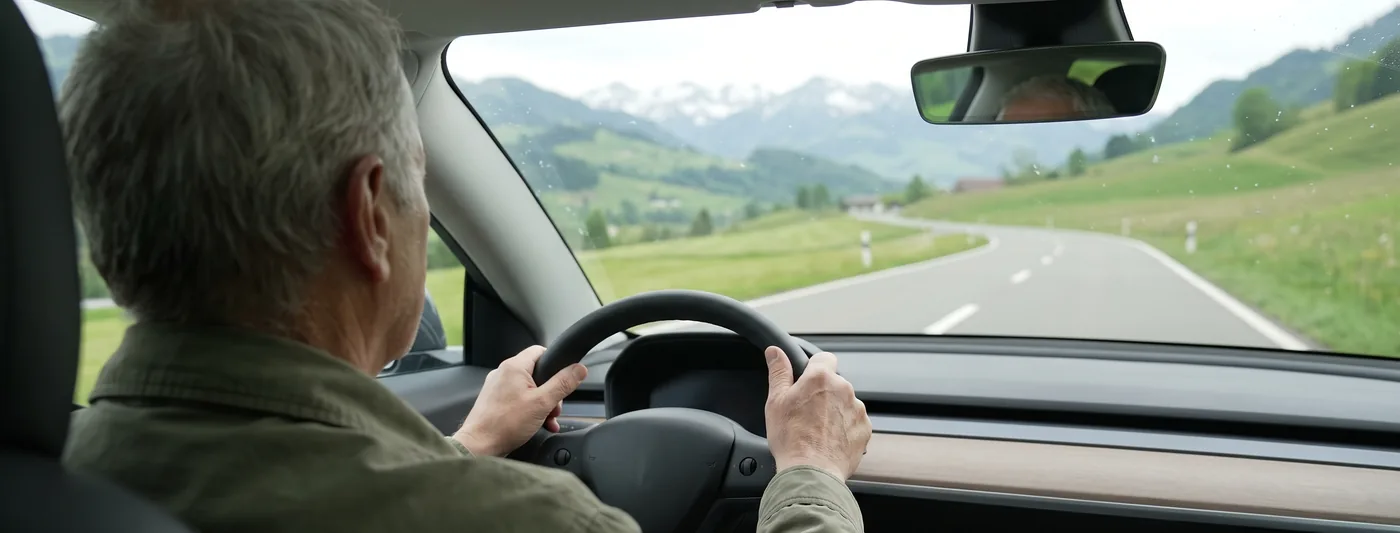 Autofahren nach Verletzung oder Schlaganfall: Blick von hinten über die Schulter einer älteren Person, die mit beiden Händen am Lenkrad eine leere Landstrasse entlangfährt (Symbolbild, mit künstlicher Intelligenz erzeugt)