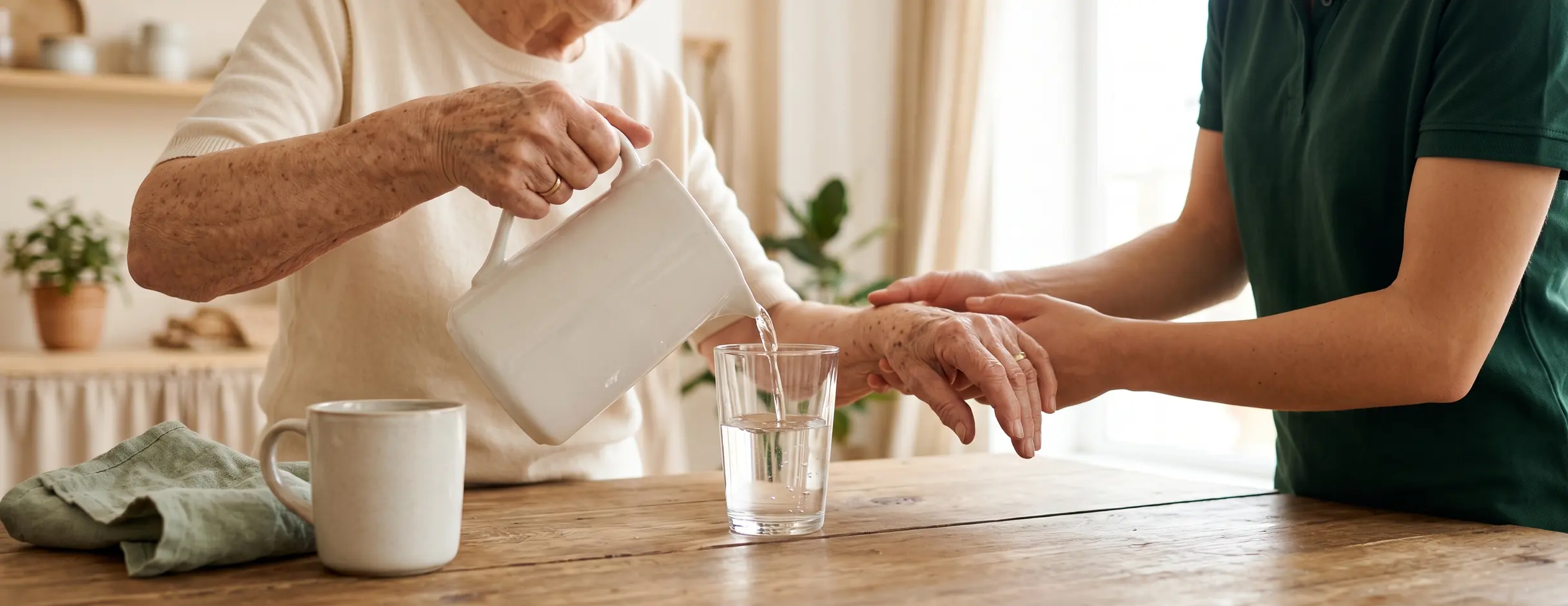 Eine ältere Frau giesst Wasser aus einem Krug in ein Glas, eine Therapieperson stützt ihr Handgelenk