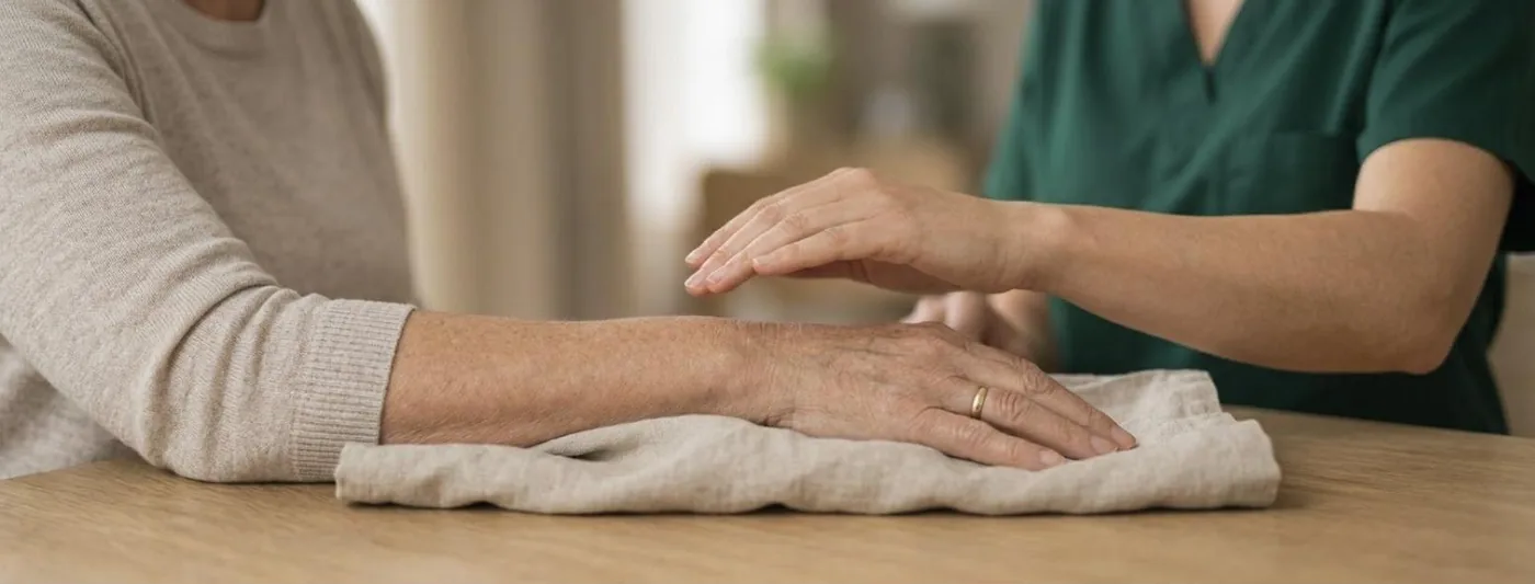 CRPS: Ein Unterarm ruht auf einem weichen Tuch, eine Therapeutinnenhand hält wenige Zentimeter darüber, ohne zu berühren (Symbolbild, mit künstlicher Intelligenz erzeugt)