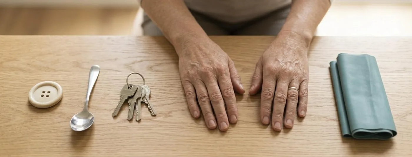 Occupational therapy or physiotherapy: A wooden table seen from above: a button, a spoon and a key on the left, a folded exercise band on the right, two hands in between (Symbolic image, generated with artificial intelligence)