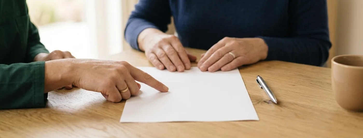 Ergotherapie verordnet: Zwei Personen sitzen an einem hellen Holztisch, eine zeigt auf ein Formular, das zwischen ihnen liegt (Symbolbild, mit künstlicher Intelligenz erzeugt)