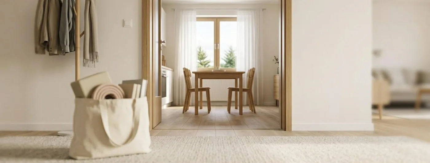 Ergotherapie zu Hause: Blick durch einen Wohnungsflur auf einen Küchentisch am Fenster, im Vordergrund eine Stofftasche mit Therapiematerial (Symbolbild, mit künstlicher Intelligenz erzeugt)