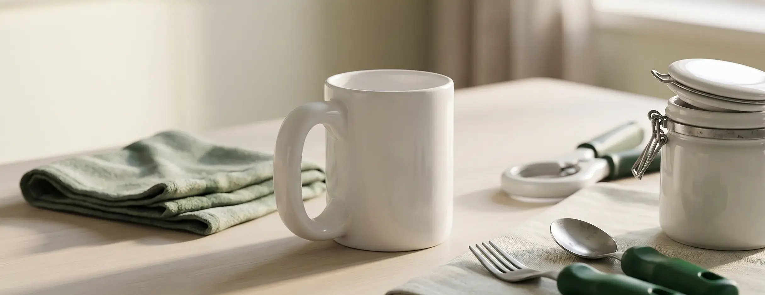 Aides du quotidien sur une table de cuisine: couverts à gros manches, ouvre-bocal