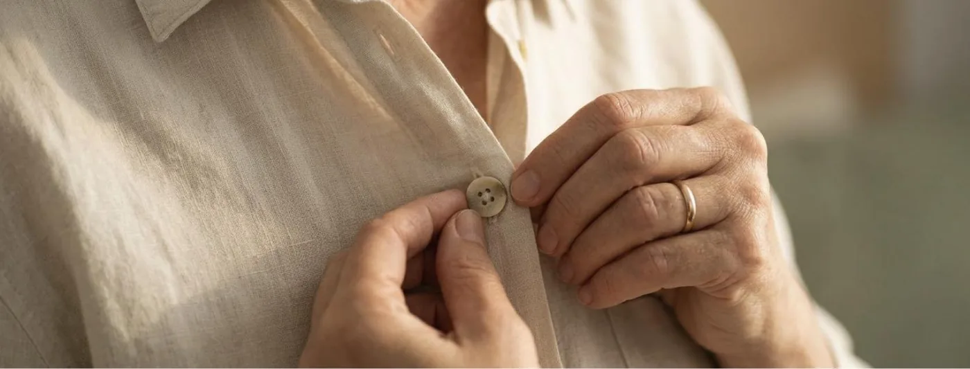 Halbseitenlähmung im Alltag: Zwei Hände schliessen einen Knopf an einem hellen Hemd, eine Hand führt, die andere hält den Stoff (Symbolbild, mit künstlicher Intelligenz erzeugt)