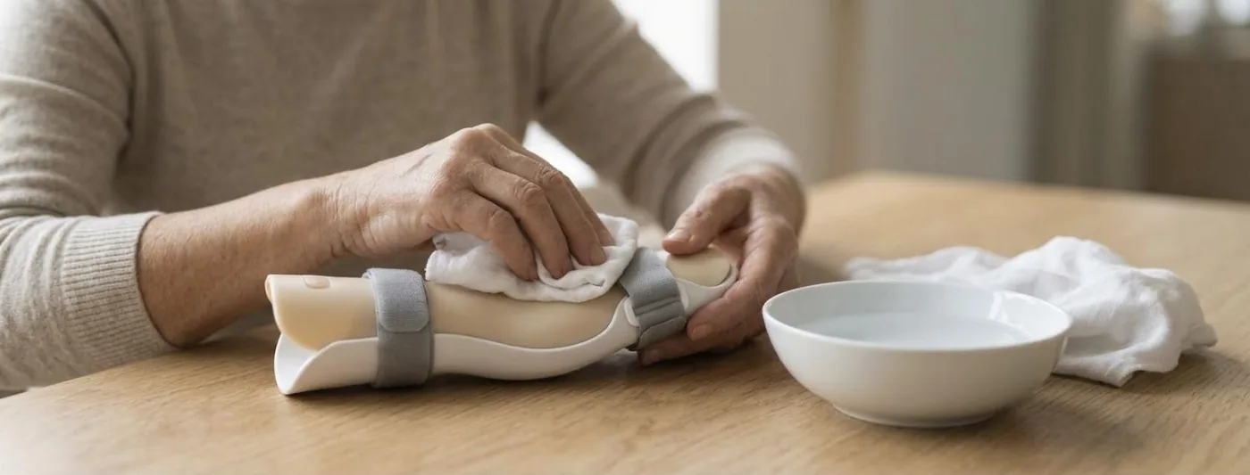 Handschiene: Zwei Hände reinigen eine helle Handschiene mit einem Tuch, daneben eine Schale mit Wasser (Symbolbild, mit künstlicher Intelligenz erzeugt)