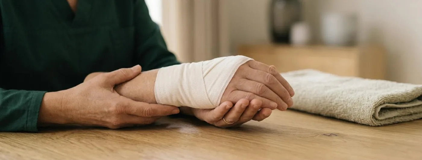 Nach der Handoperation: Eine Hand mit locker gewickelter Baumwollbinde ruht auf einem Holztisch, zwei Therapeutinnenhände stützen sie von unten (Symbolbild, mit künstlicher Intelligenz erzeugt)