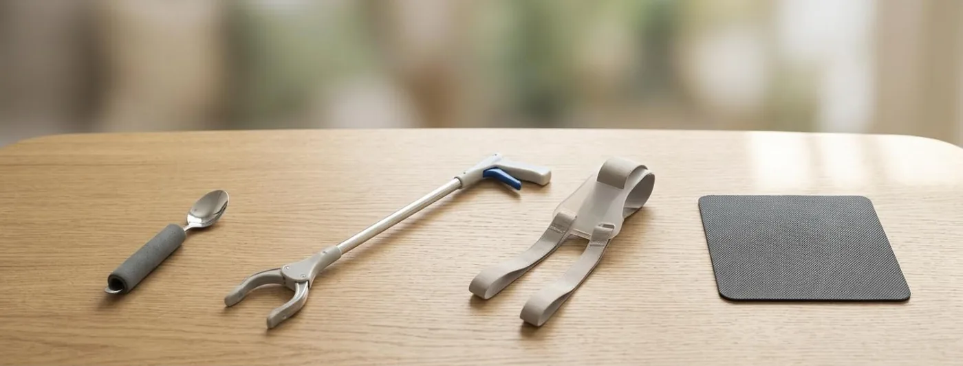 Hilfsmittel im Alltag: Vier Alltagshilfen nebeneinander auf hellem Holz: Griffverdickung, Greifzange, Anziehhilfe und rutschfeste Unterlage (Symbolbild, mit künstlicher Intelligenz erzeugt)