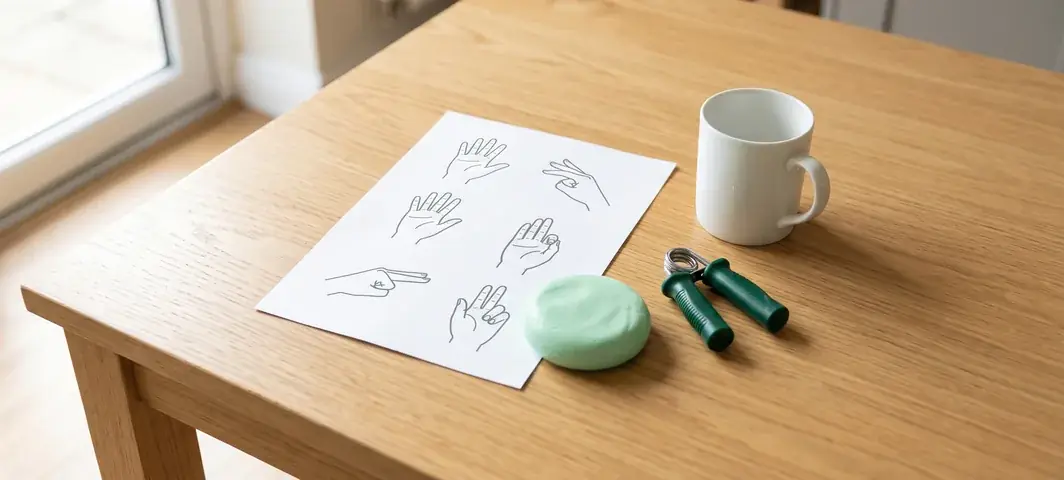 Ein Übungsblatt mit Handübungen auf einem Küchentisch, daneben Therapieknete