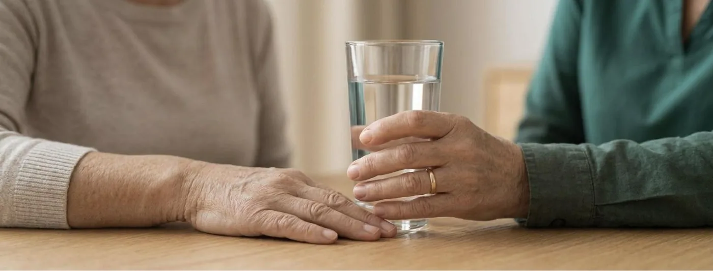 Kraftlose Hand: Eine Hand umgreift ein volles Wasserglas, eine zweite Hand liegt sichernd daneben auf dem Tisch (Symbolbild, mit künstlicher Intelligenz erzeugt)