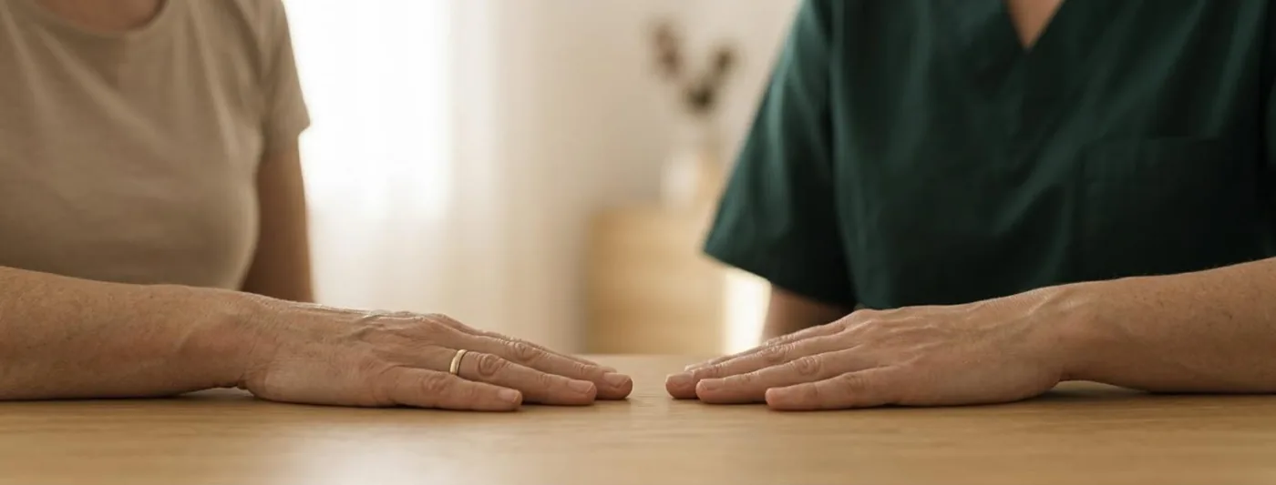 Morbus Dupuytren: Zwei flach ausgestreckte Handflächen liegen nebeneinander auf einem hellen Holztisch (Symbolbild, mit künstlicher Intelligenz erzeugt)