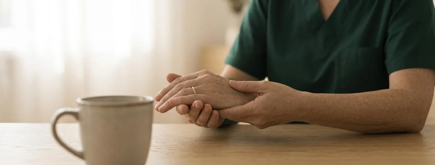 Nach dem Schlaganfall: Eine Hand wird von einer zweiten Person geführt und zu einem Becher hin bewegt (Symbolbild, mit künstlicher Intelligenz erzeugt)