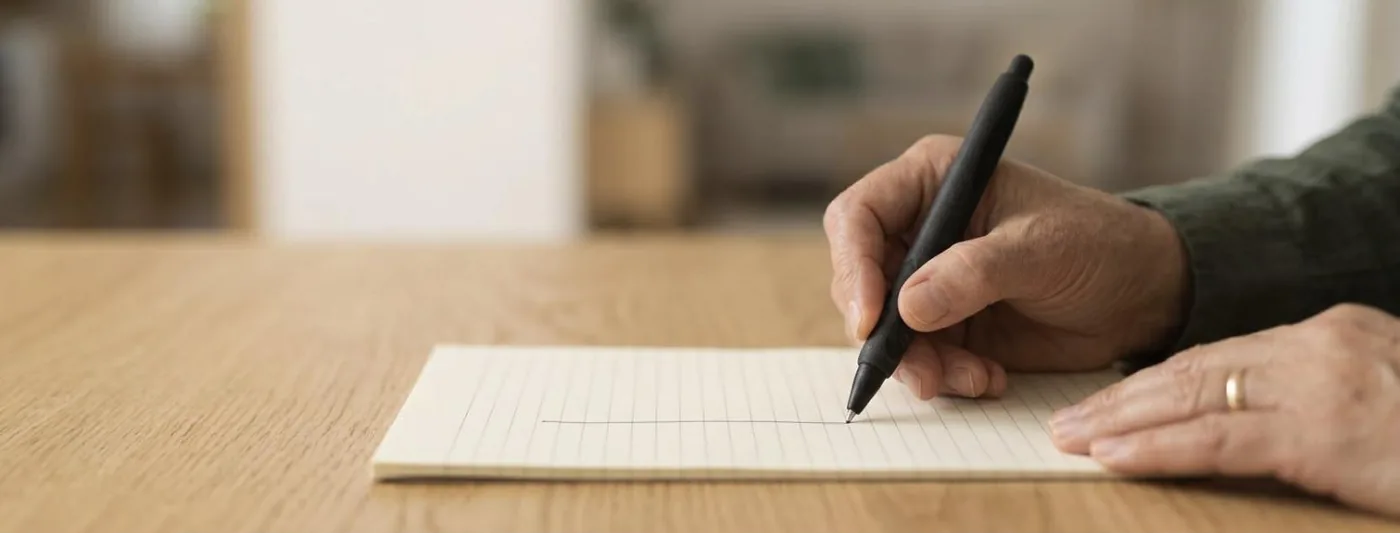 Parkinson im Alltag: Eine Hand zieht mit einem dicken Stift eine Linie auf liniertes Papier, die andere Hand hält das Blatt fest (Symbolbild, mit künstlicher Intelligenz erzeugt)