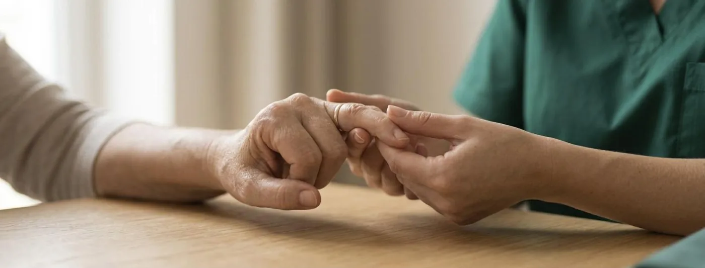 Schnellender Finger oder Spickfinger: Eine Hand formt langsam eine Faust, eine Therapeutinnenhand begleitet dabei den Zeigefinger (Symbolbild, mit künstlicher Intelligenz erzeugt)