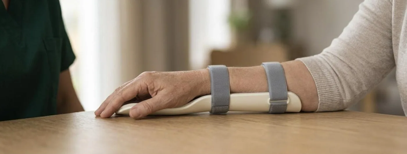 Sehnenverletzung an der Hand: Ein Unterarm mit einer hellen Lagerungsschiene und sauber geschlossenen Klettbändern liegt auf einem Holztisch (Symbolbild, mit künstlicher Intelligenz erzeugt)