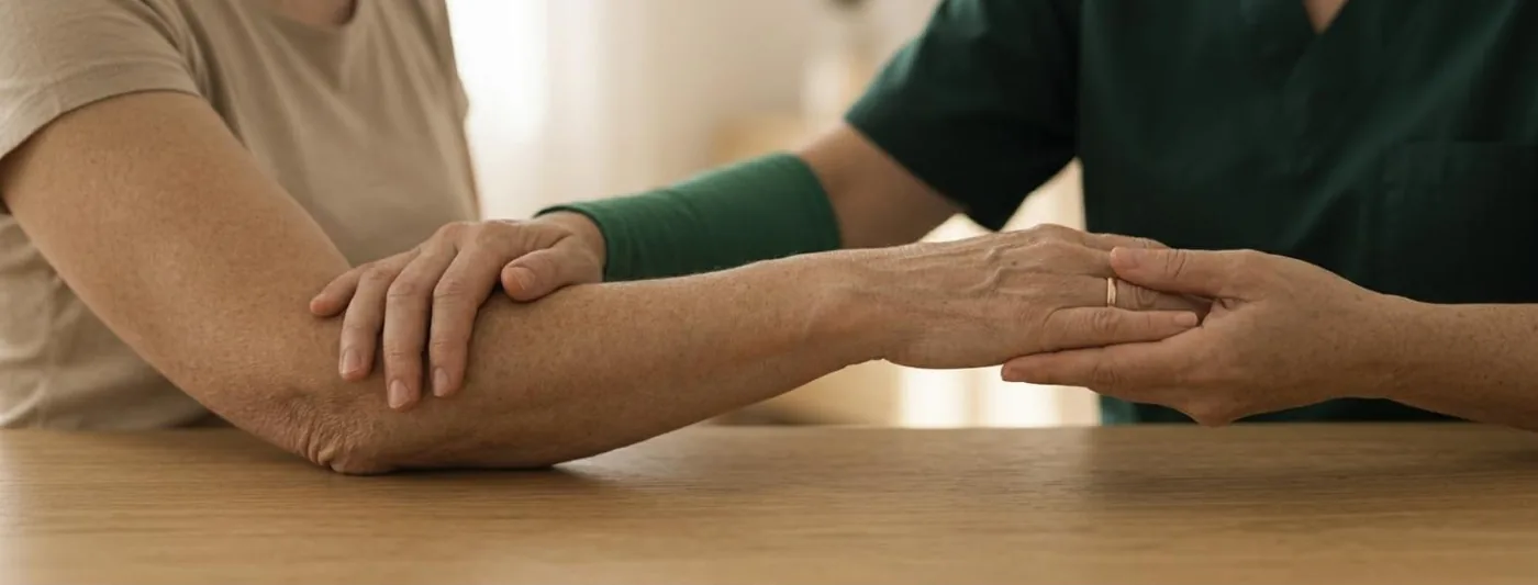 Tennisellbogen: Eine Therapeutinnenhand hält den äusseren Ellbogen, die andere führt das Handgelenk in eine Drehung (Symbolbild, mit künstlicher Intelligenz erzeugt)