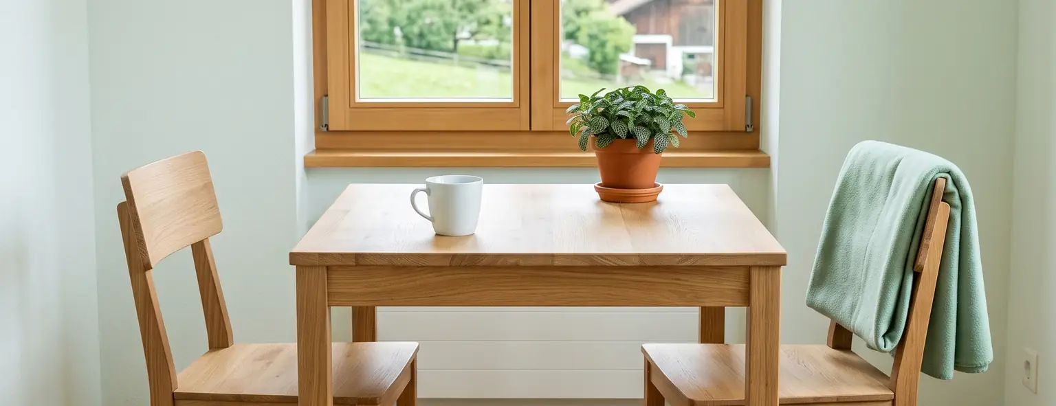 Two chairs at a table by the window, ready for a first consultation