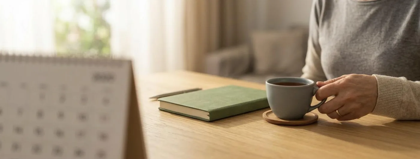 Wiedereinstieg nach Krankheit: Ein aufgeräumter Arbeitsplatz am Morgen, eine Hand stellt eine Tasse ab, im Vordergrund ein unscharfes Kalenderblatt (Symbolbild, mit künstlicher Intelligenz erzeugt)